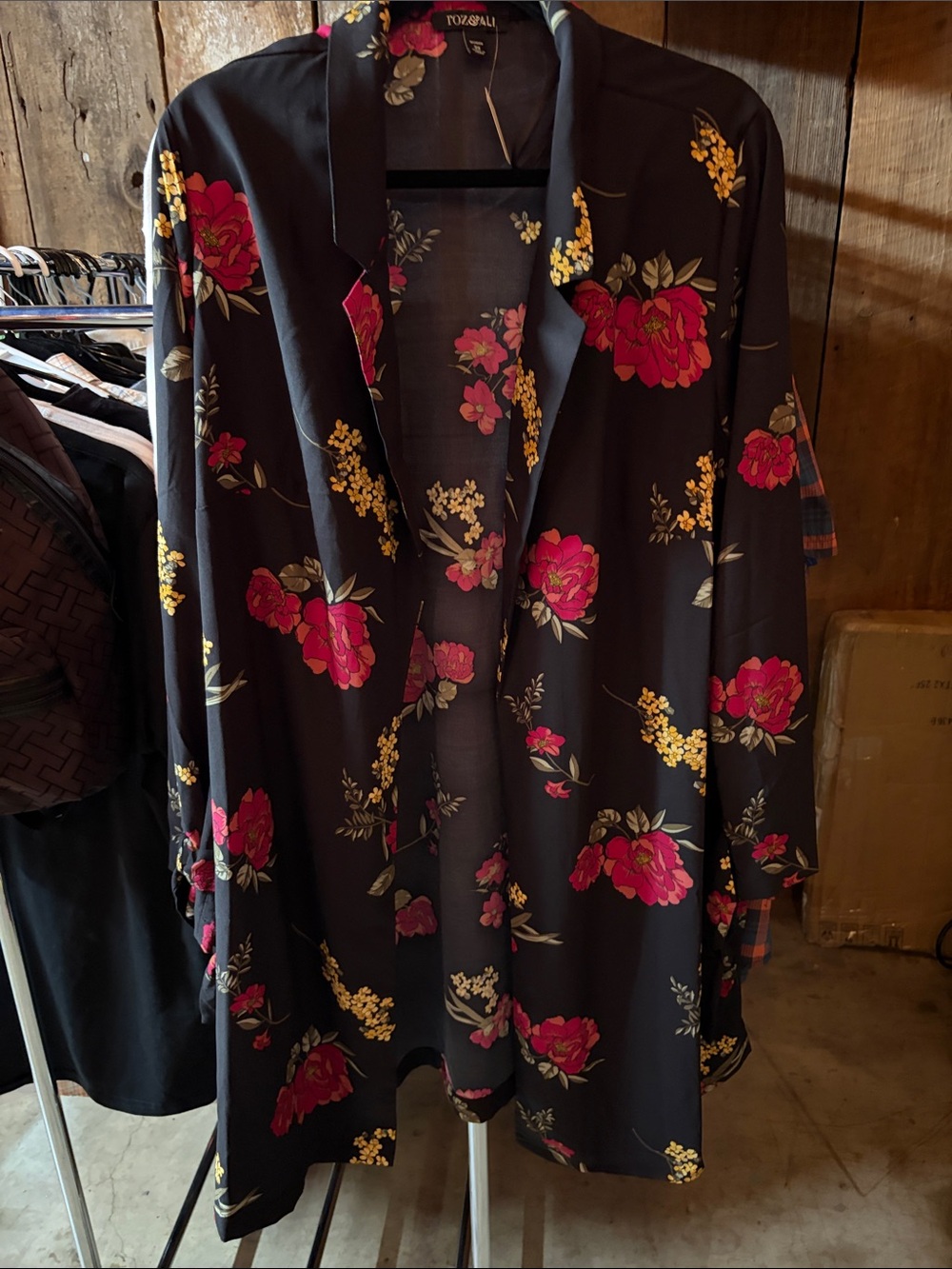 Roz & Ali Black Satin Kimono Robe with Pink & Gold Floral Print